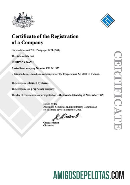 Certificado de registro de empresa da Austrália em branco modelo Word e PDF